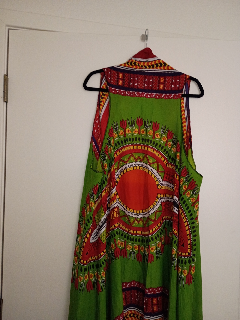 Vibrant Green and Dark Orange Ethnic Print Sleeveless Open Front Cover Up - Picture 6 of 8